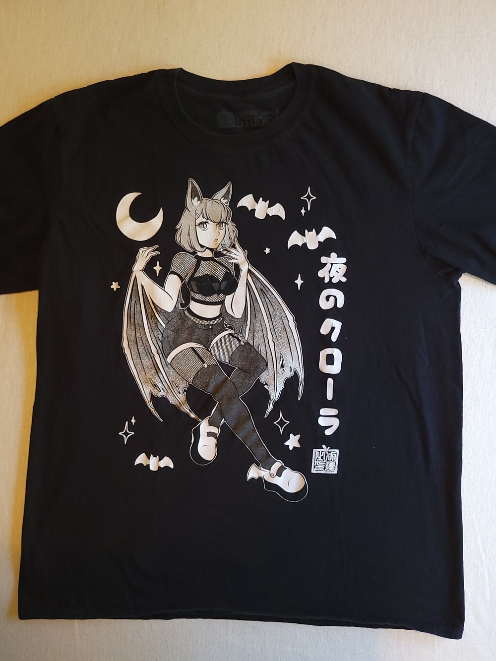 Mens Black Graphic Anime Bat-Wing Girl Short Sleeve Tee
